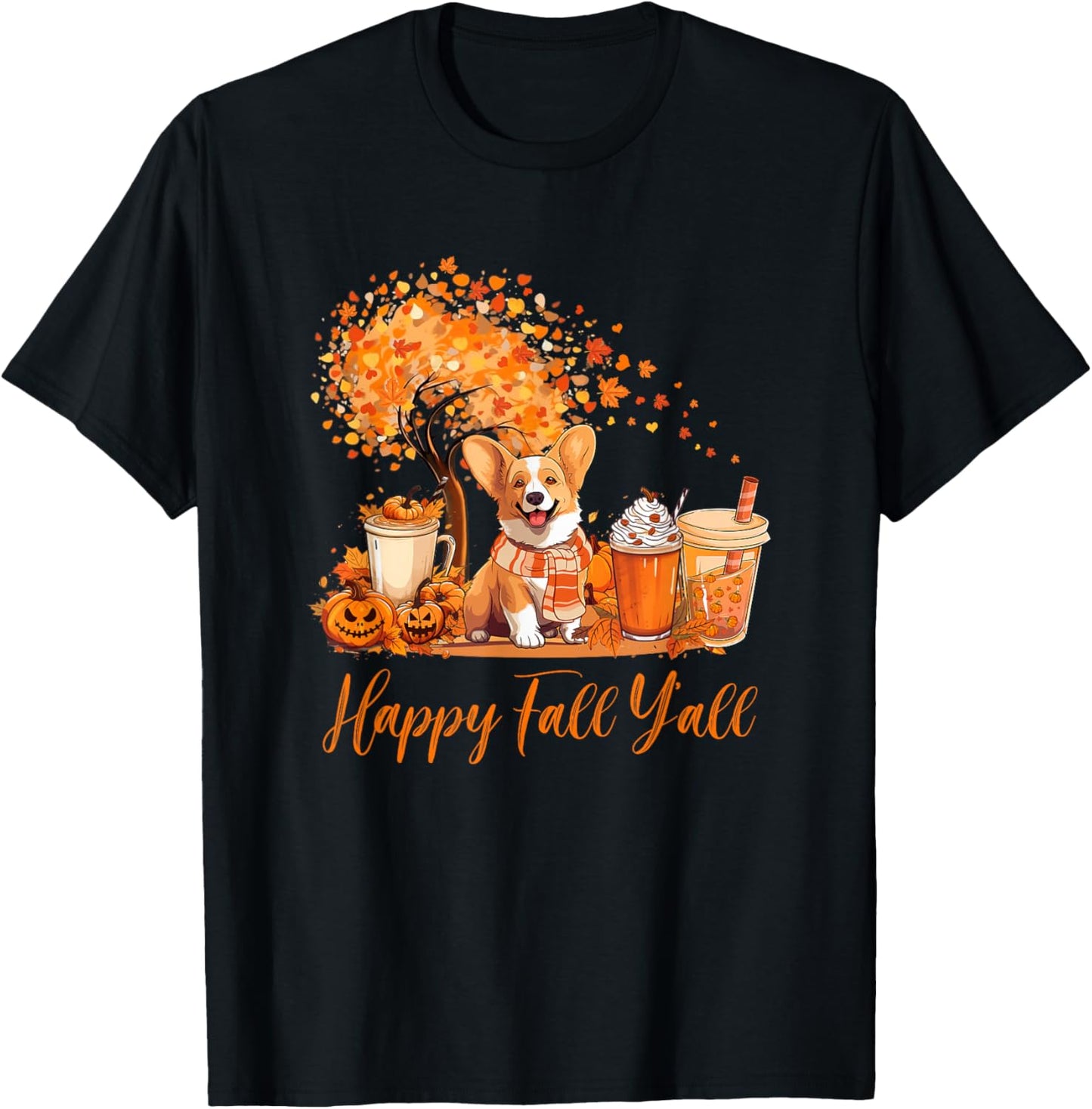 Happy Fall Y'all Corgi Autumn Pumpkin Spice Latte T-Shirt - T-Shirt | Black