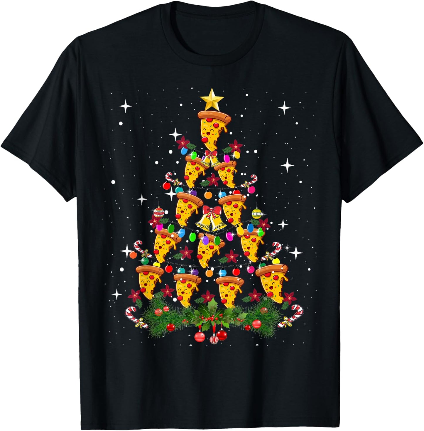 Pizza Christmas Tree Light Pizza Fast Food Lover Xmas Gifts T-Shirt - T-Shirt | Black