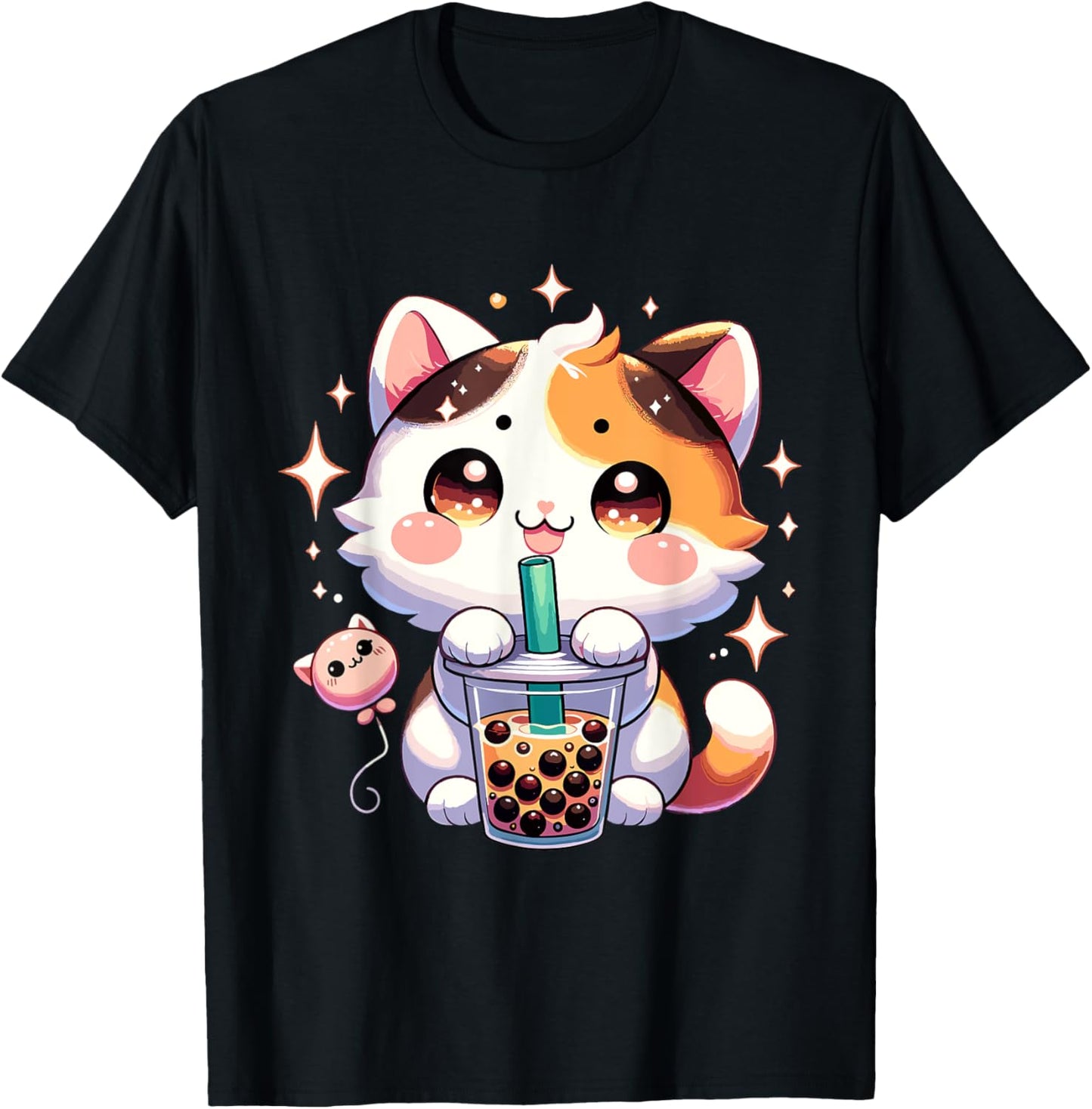 Cat Boba Japanese Kawaii Anime Kitty Bubble Tea Neko Teen T-Shirt - T-Shirt | Black