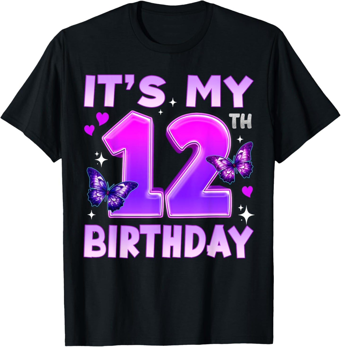 12th Birthday Cute Butterfly Bday 12 Year Old Birthday Girl T-Shirt - T-Shirt | Black