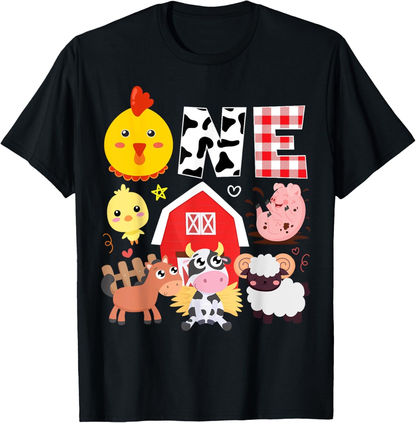 1st Birthday One Year Old Farm Theme Animals Birthday Party T-Shirt - T-Shirt | Black