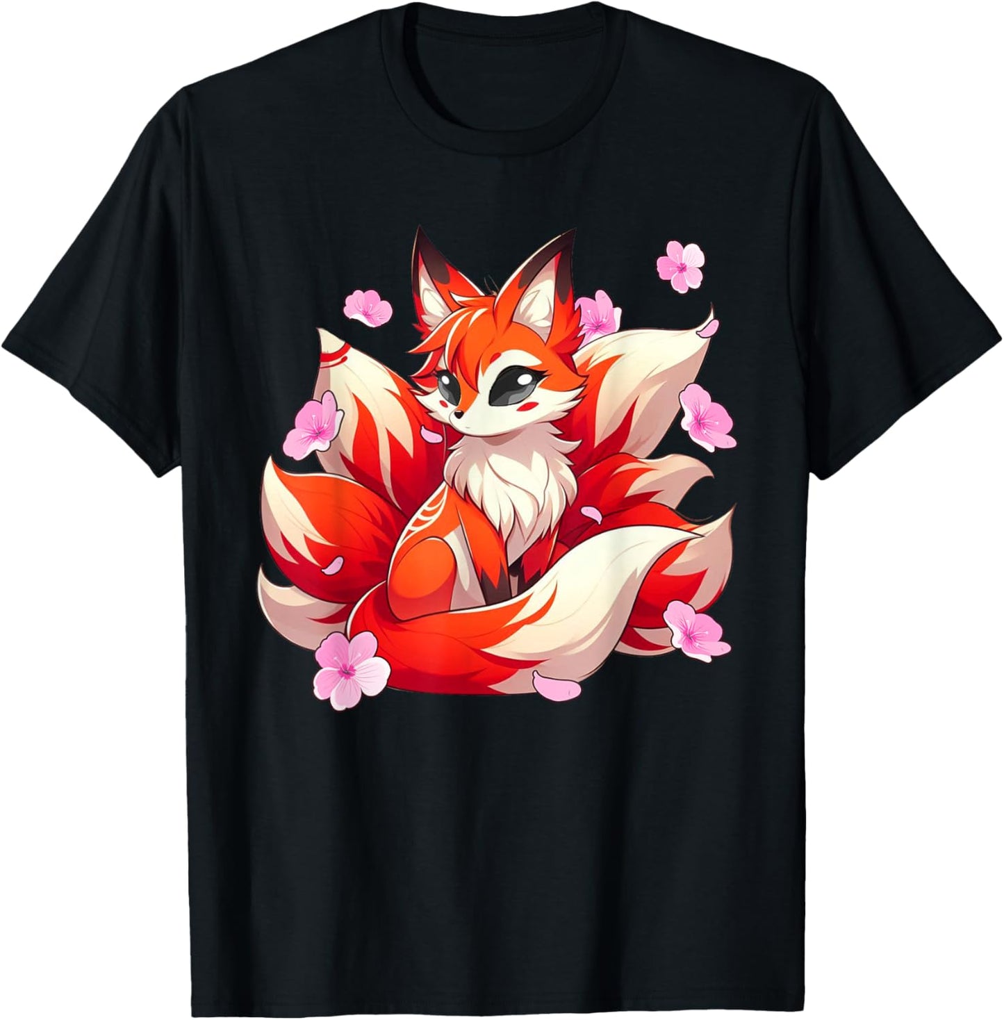 Japanese Kawaii Kitsune Nine Tail Fox Cherry Blossom Flowers T-Shirt - T-Shirt | Black