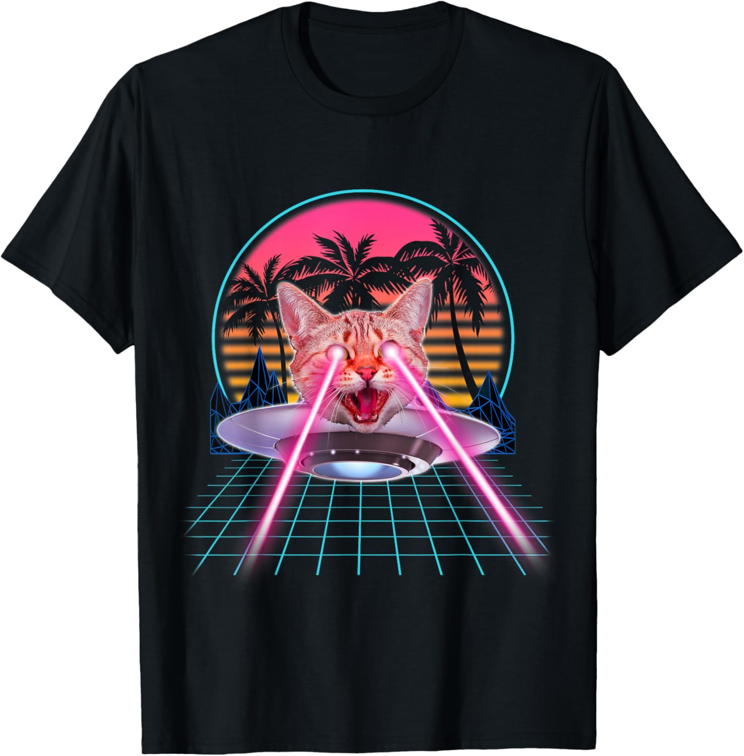Laser Cat Eyes Kitten UFO Retro 80s Funny Cats Lovers T-Shirt - T-Shirt | Black