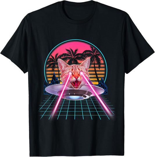 Laser Cat Eyes Kitten UFO Retro 80s Funny Cats Lovers T-Shirt - T-Shirt | Black