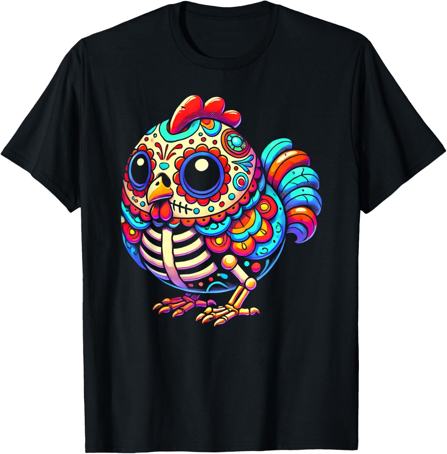 Colorful Sugar Skull Chicken Día de los Muertos Fun Skeleton T-Shirt - T-Shirt | Black