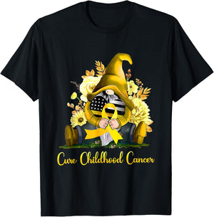 Cure Childhood Cancer Awareness Gold Ribbon Gnome Sunflower T-Shirt - T-Shirt | Black