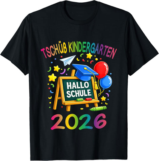 Kinder Tschüss Kindergarten Hallo Schule 2026 Schulanfang T-Shirt - T-Shirt | Black