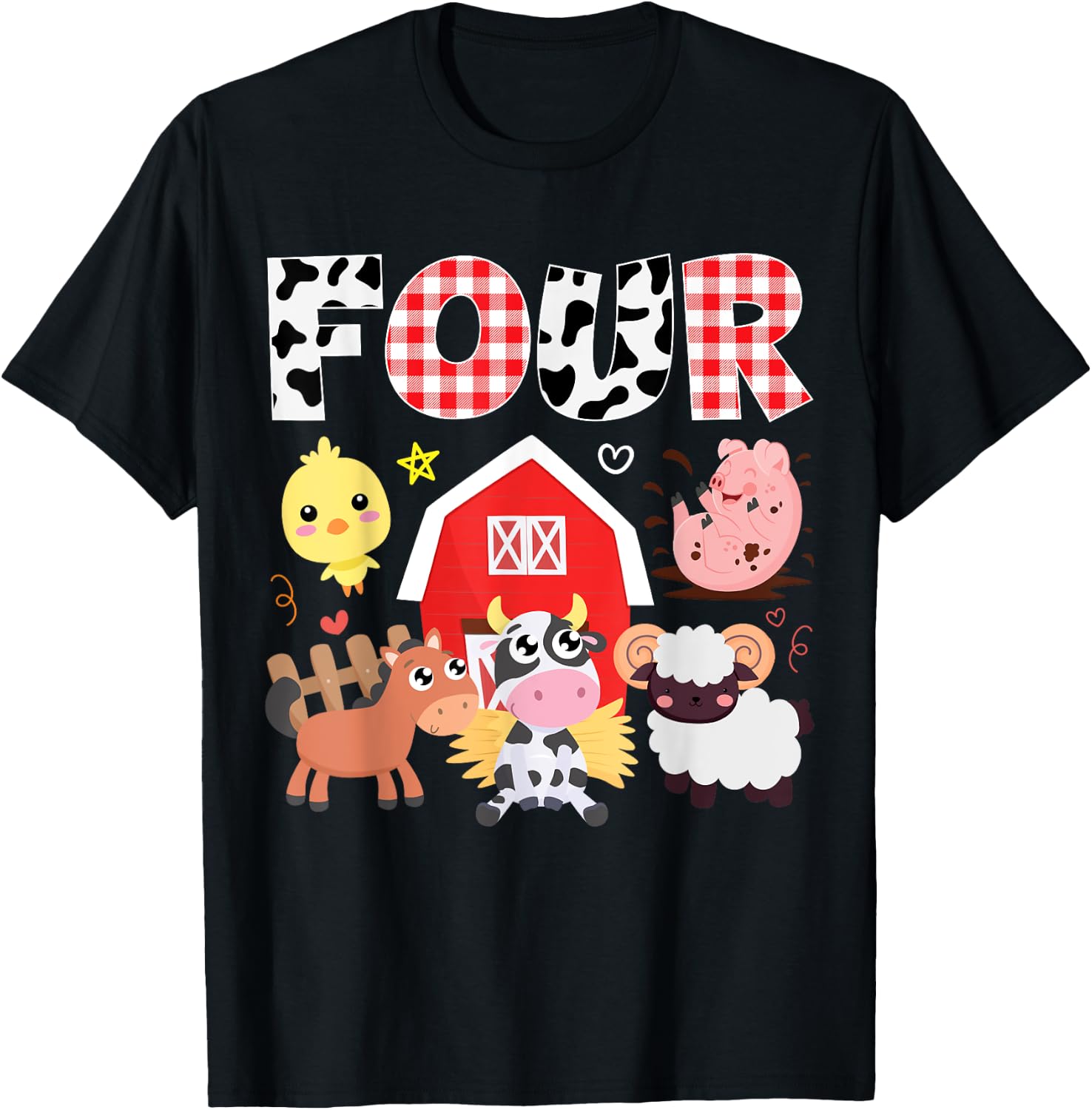 4th Birthday Four Year Old Farm Theme Animals Birthday Party T-Shirt - T-Shirt | Black