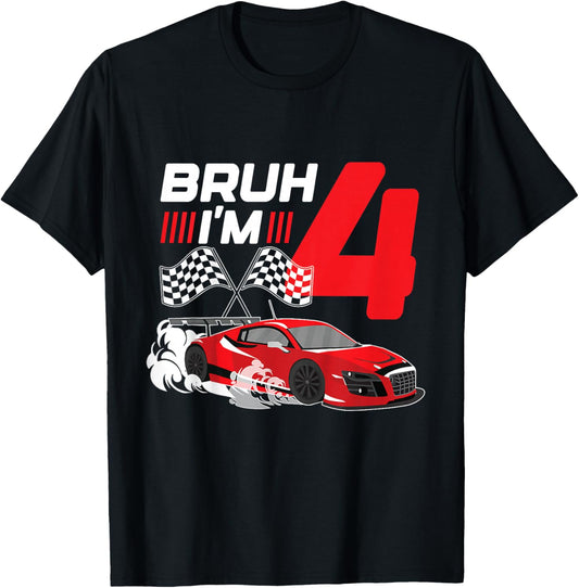 Kids Bruh I'm 4 Birthday Boys Race Car 4 Year 4th Birthday Racing T-Shirt - T-Shirt | Black