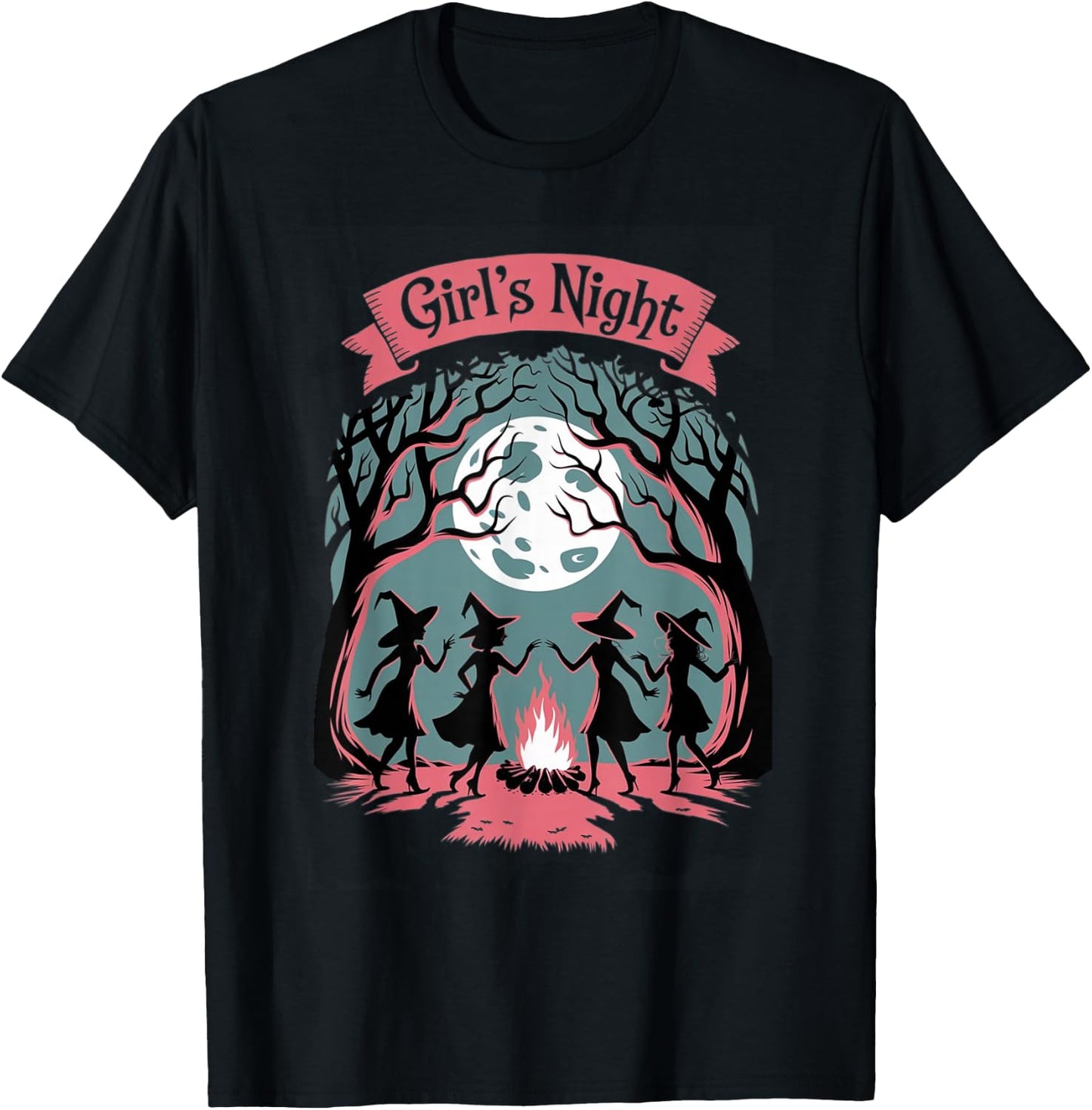 Girl's Night Witch Coven Halloween motif Spooky Fun banner T-Shirt - T-Shirt | Black