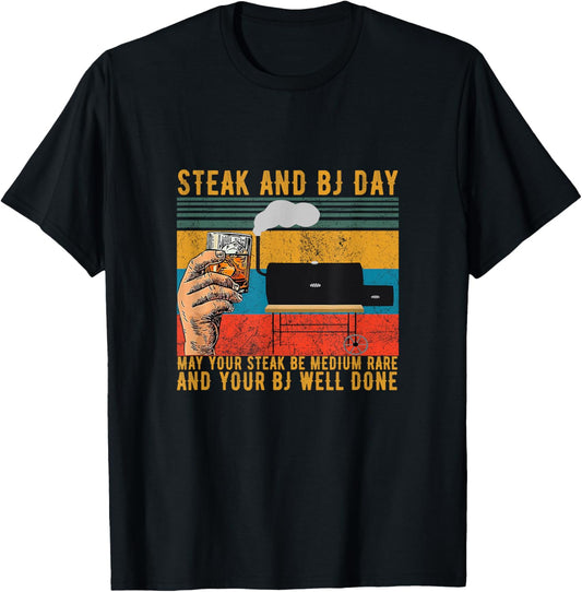 Steak And Bj Day Funny Retro T-Shirt - T-Shirt | Black