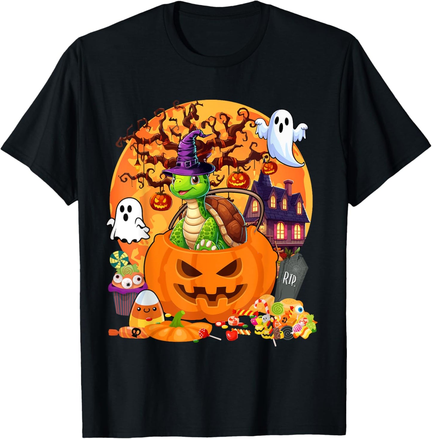 Turtle Cosplay Witch In Carved Pumpkin Basket Halloween T-Shirt - T-Shirt | Black
