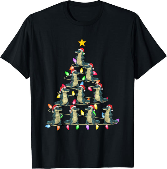 Christmas Tree Lights Men Women Santa Alligator Xmas PJs T-Shirt - T-Shirt | Black