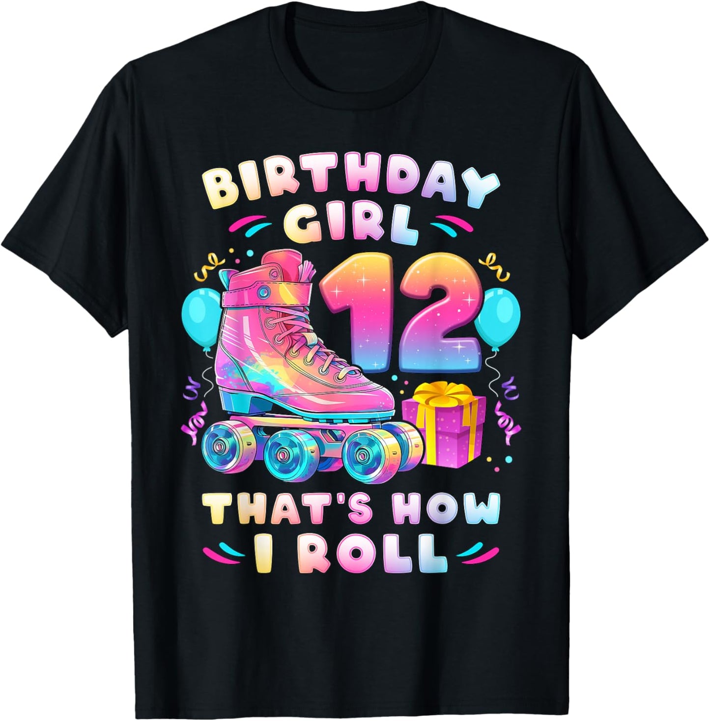 12th Birthday Girl Age 12 Roller Skates Number 12 T-Shirt - T-Shirt | Black