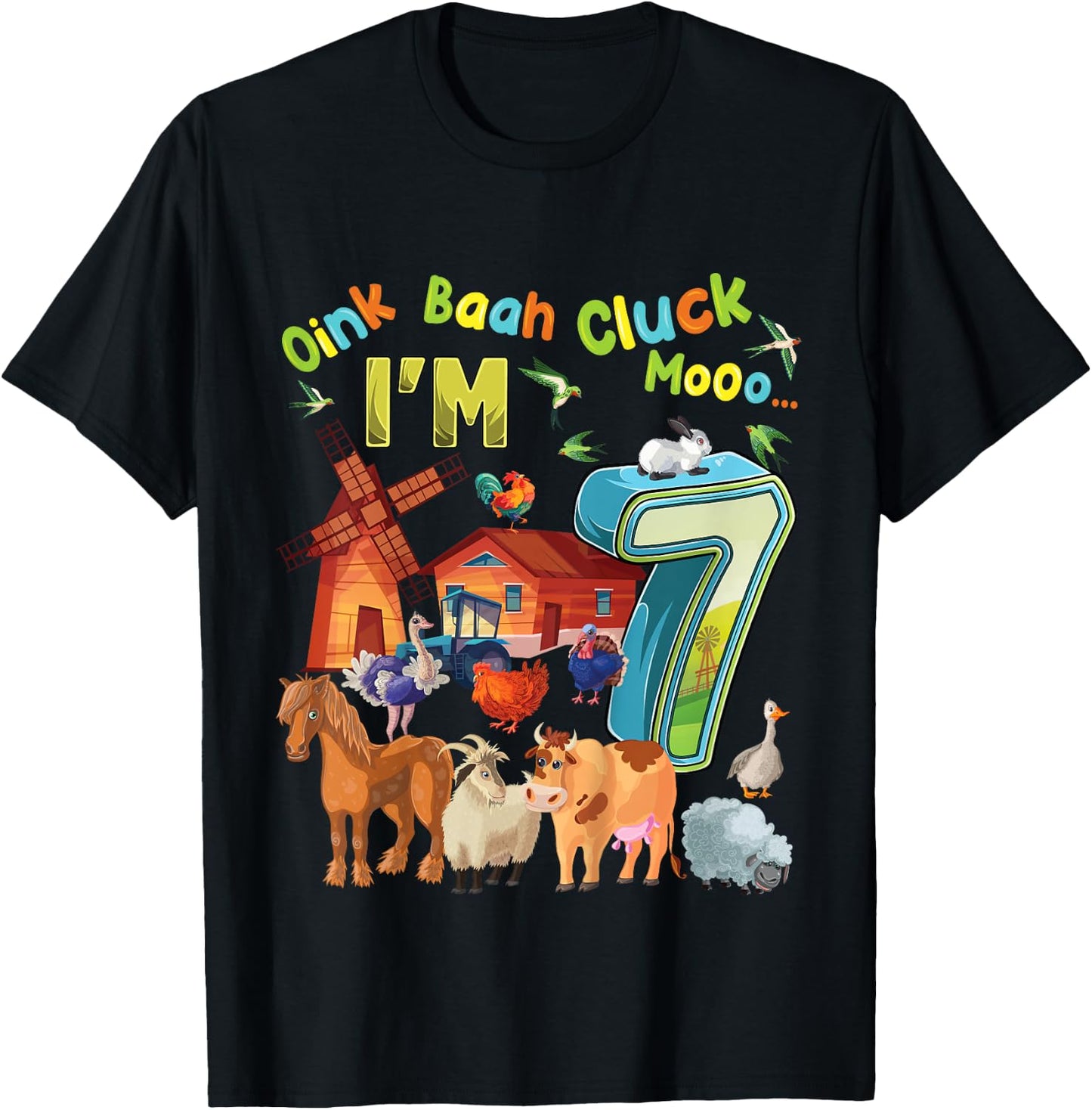 Barnyard 7th Birthday Farm Animals 7 Years Old Farming T-Shirt - T-Shirt | Black