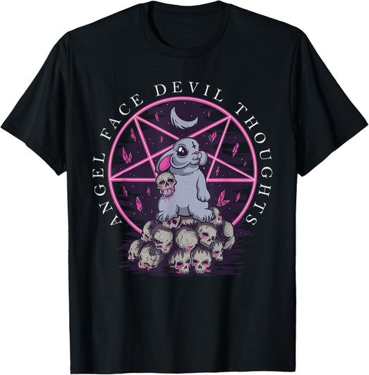 Pastel Goth Occult Kawaii Anime Angel Face Devil Thoughts T-Shirt - T-Shirt | Black