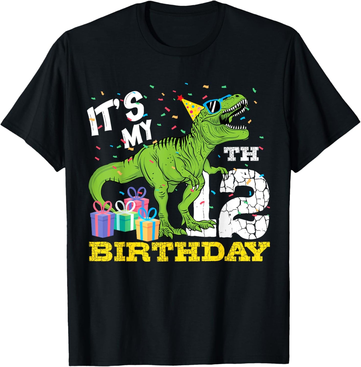 It's My 12th Birthday T-Rex Dinosaur Dino12 Year Old B-Day T-Shirt - T-Shirt | Black
