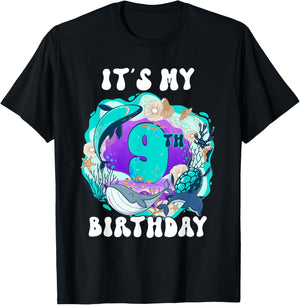 My 9 Year Old Ocean Life Whale Dolphin Shark 9th Birthday T-Shirt - T-Shirt | Black