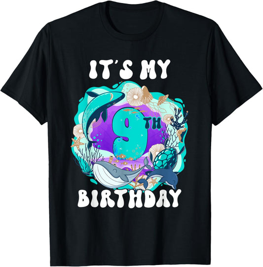 My 9 Year Old Ocean Life Whale Dolphin Shark 9th Birthday T-Shirt - T-Shirt | Black