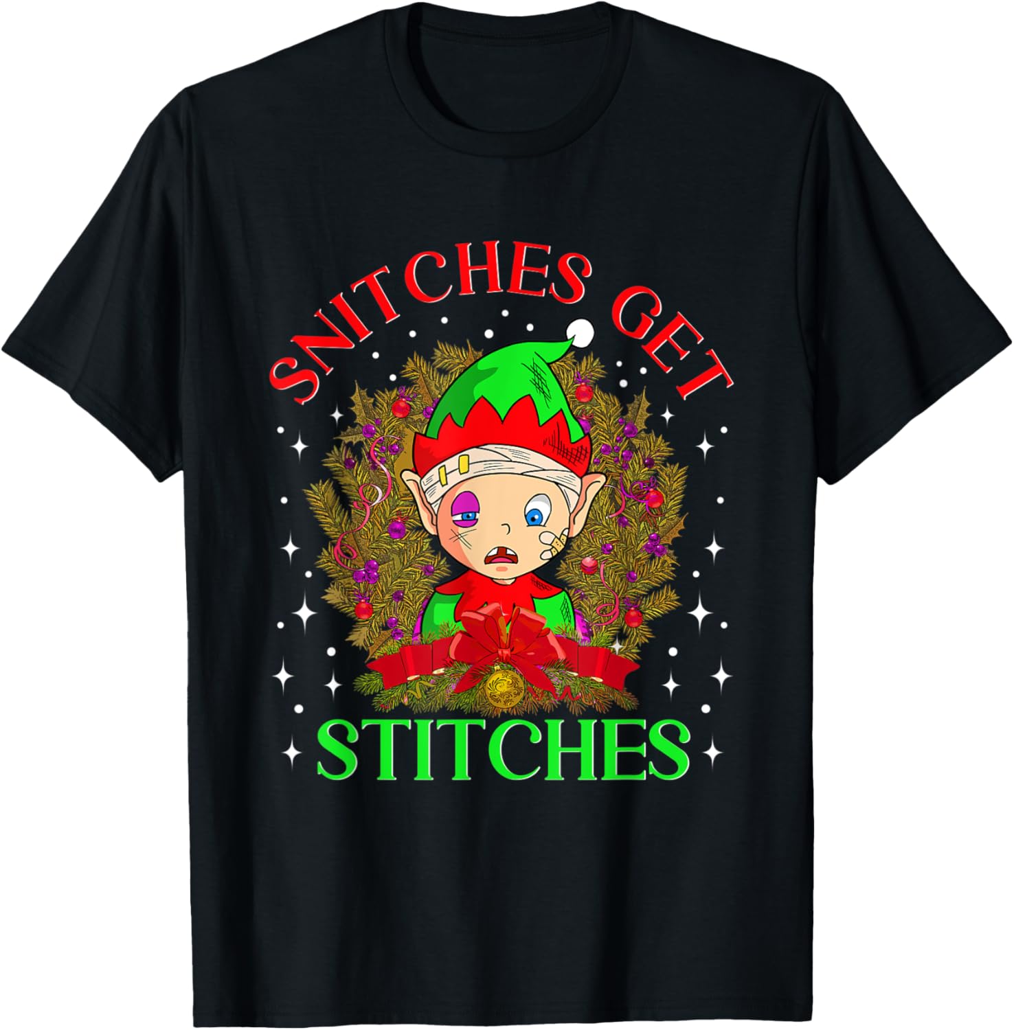 Stiches Get Licks Funny Elf Christmas T-Shirt - T-Shirt | Black