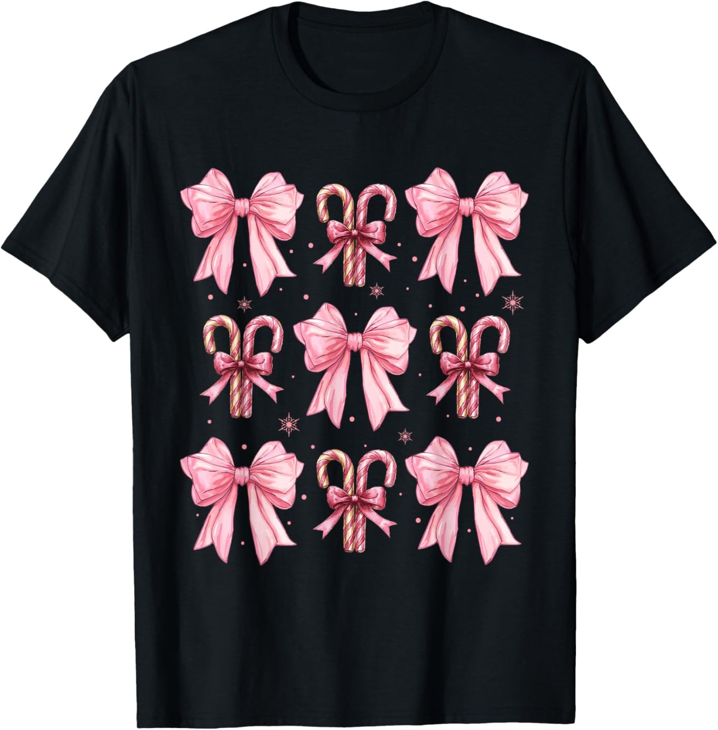 Coquette Bow Candy Canes Christmas Women Girls Teen Pink Bow T-Shirt - T-Shirt | Black