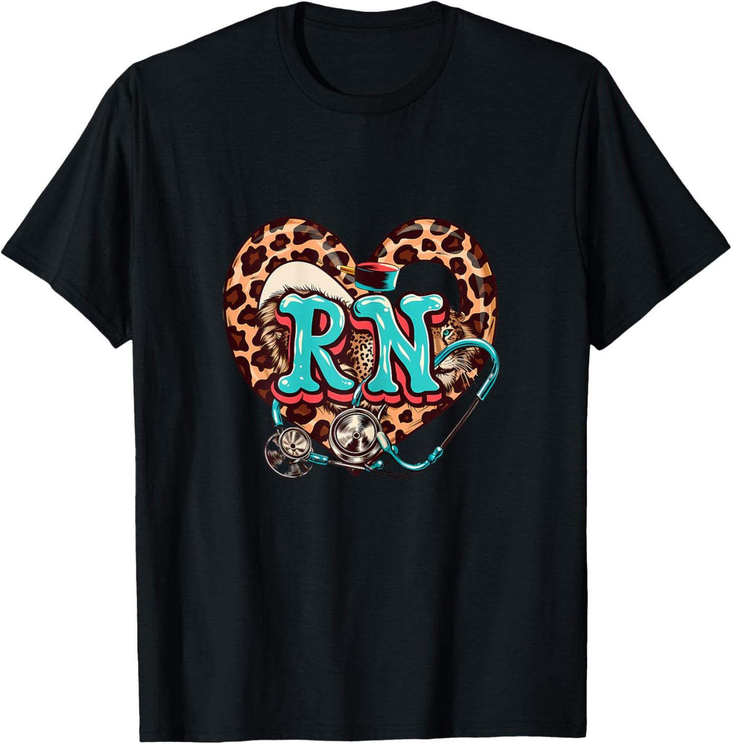 RN Registered Nurse Stethoscope Medical Heart Leopard T-Shirt - T-Shirt | Black