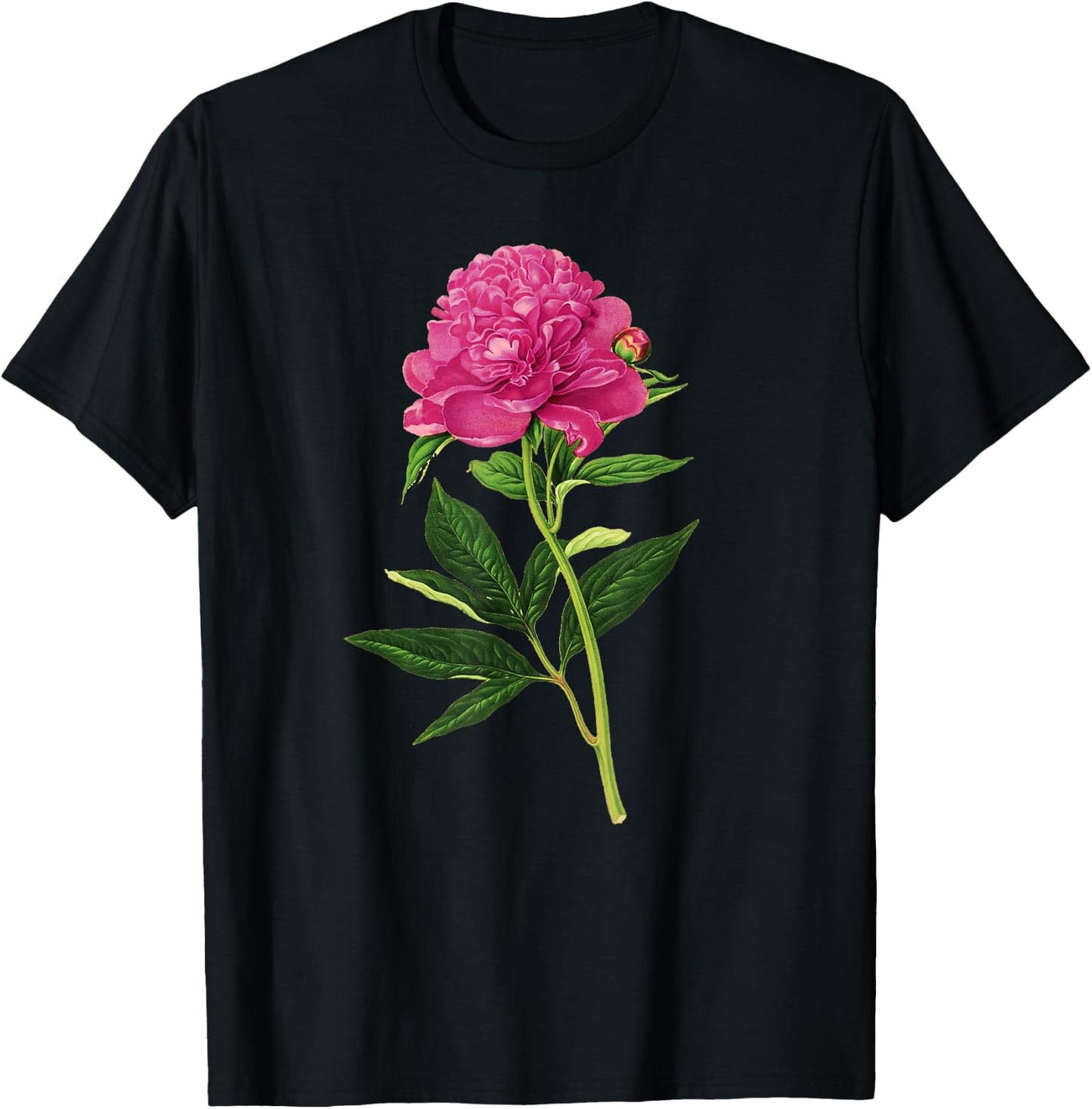 Vintage Botanical Print, Fuchsia Pink Peony T-Shirt - T-Shirt | Black