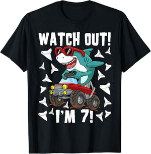 7 Years Old 7th Birthday Shark Boy Girl Monster Truck Gamer T-Shirt - T-Shirt | Black