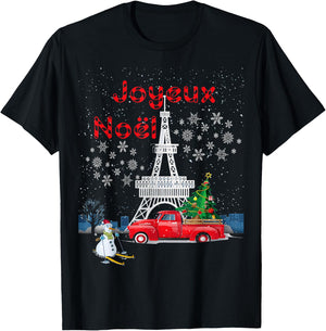 Paris Eiffel Tower Christmas Tree Red Truck Joyeux Noël Gift T-Shirt - T-Shirt | Black