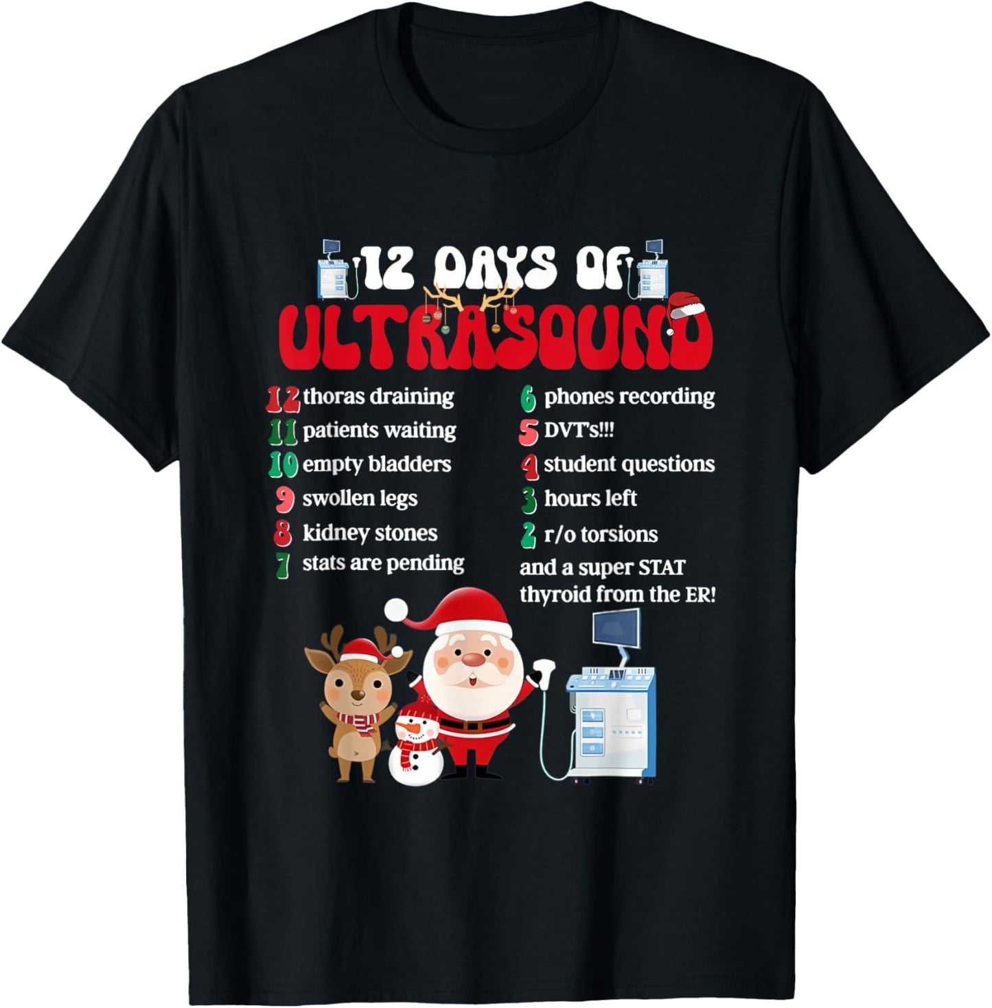 Women Retro 12 Days Of Ultrasound Tech Christmas Sonographer T-Shirt - T-Shirt | Black