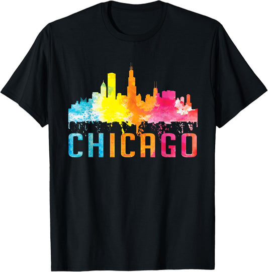 Chicago Illinois Retro Watercolour Skyline Souvenir T-Shirt - T-Shirt | Black