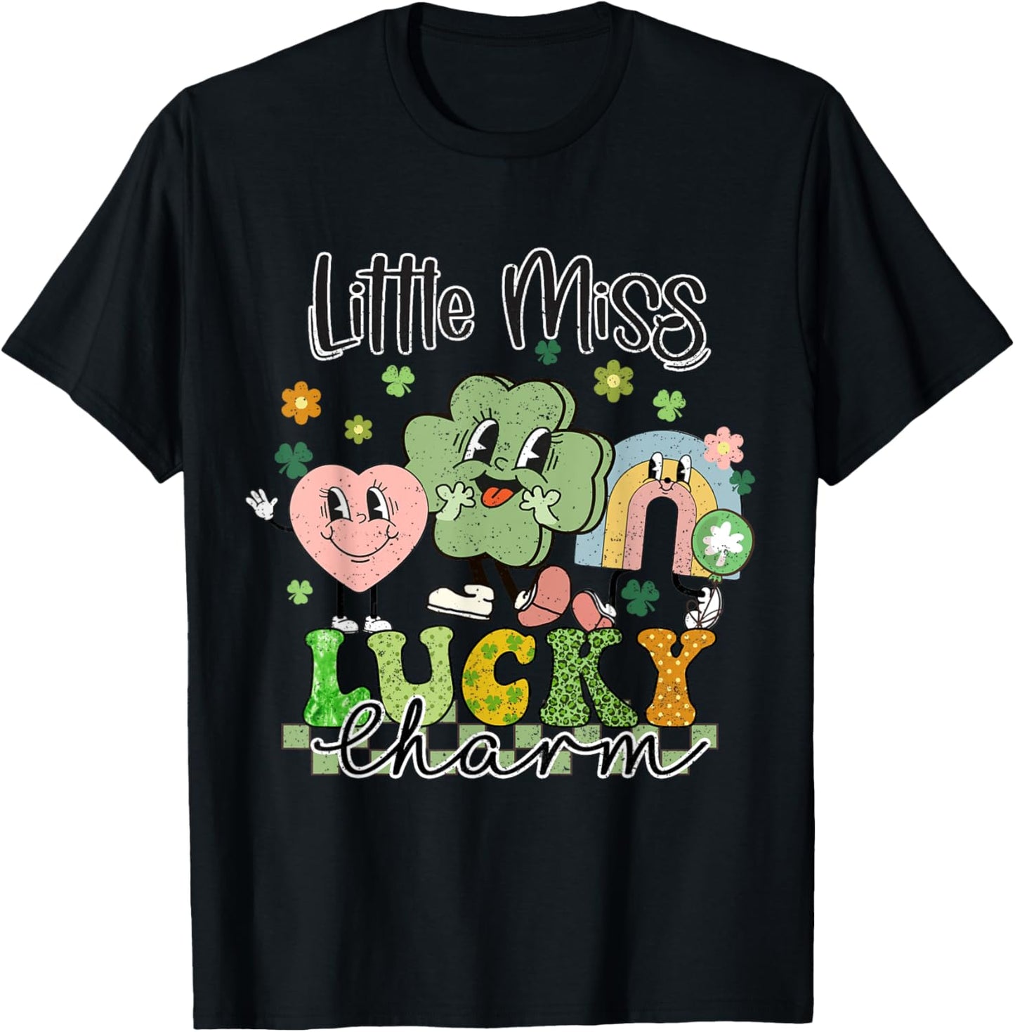 Retro Groovy Little Miss Lucky Charm St Patrick's Day T-Shirt - T-Shirt | Black