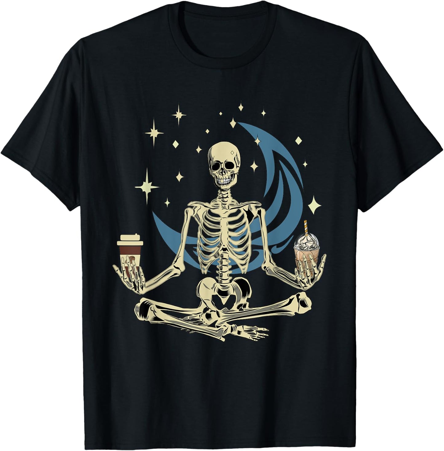 Skeleton Doing Yoga And Drinking Coffee Funny Meditation T-Shirt - T-Shirt | Black