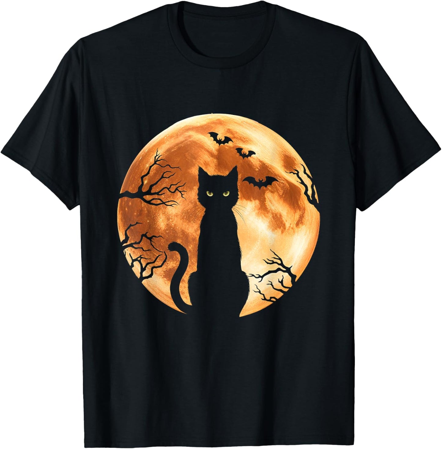 Halloween Cat Moon Bats Spooky Night Black Cat T-Shirt - T-Shirt | Black