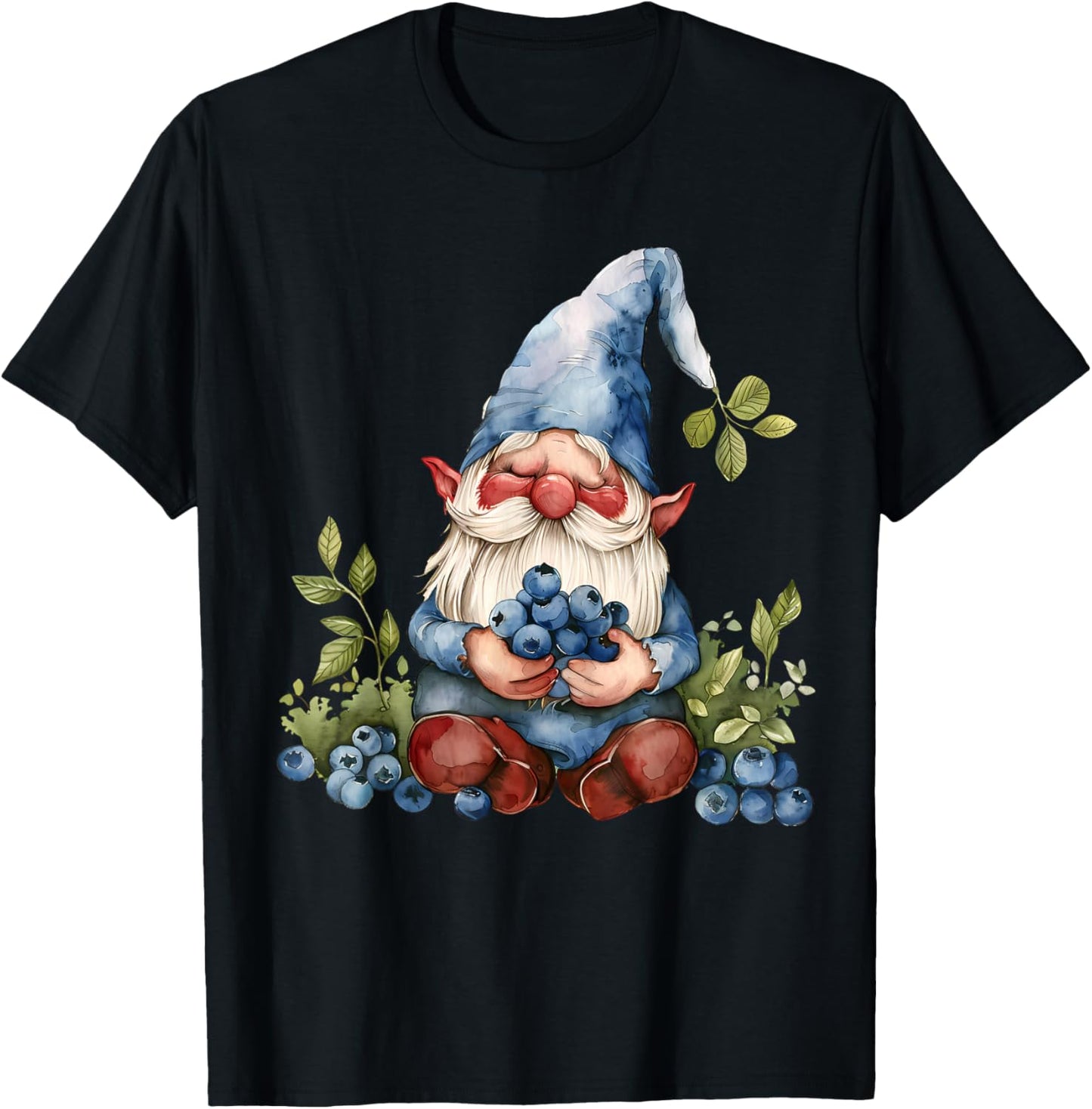 Blueberry Gnome Watercolor Artwork Nature Blueberries T-Shirt - T-Shirt | Black