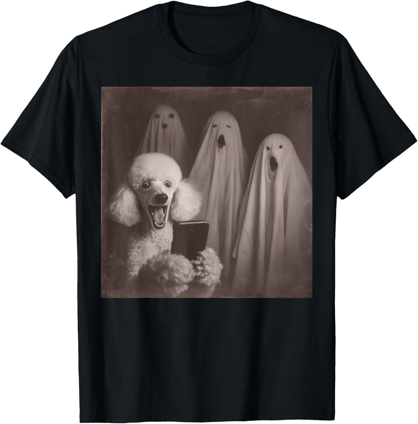 Funny Poodle with Ghosts Retro Halloween Dog Lover T-Shirt - T-Shirt | Black