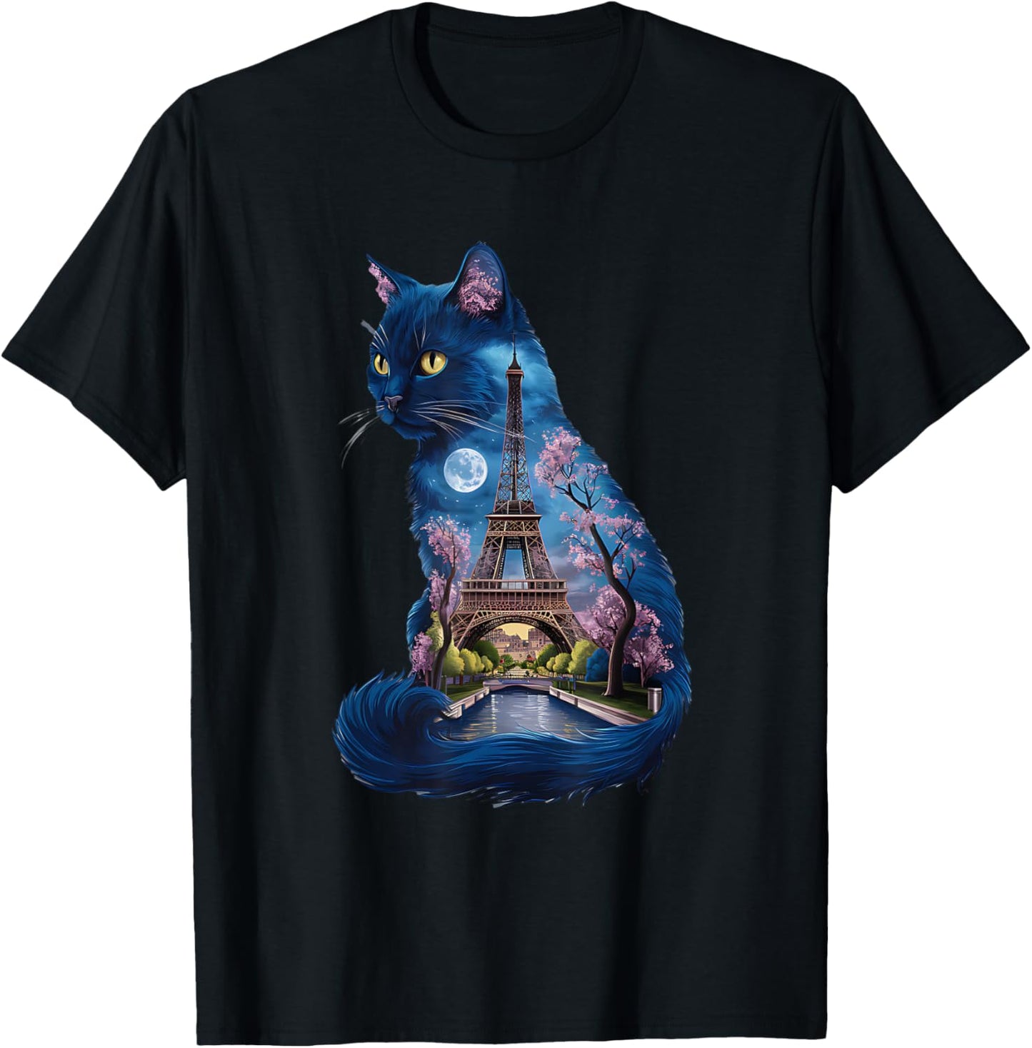 Pretty Parisian Cat Silhouette French Eiffel Tower European , Black, S T-Shirt - T-Shirt | Black