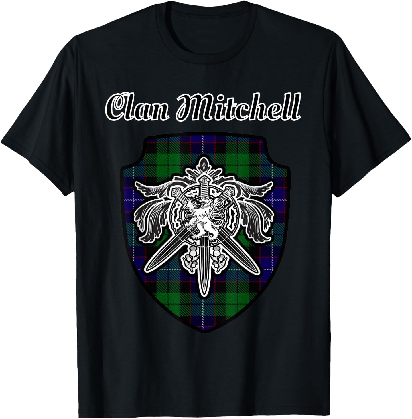 Mitchell Scottish Clan Tartan Lion Sword Crest T-Shirt - T-Shirt | Black