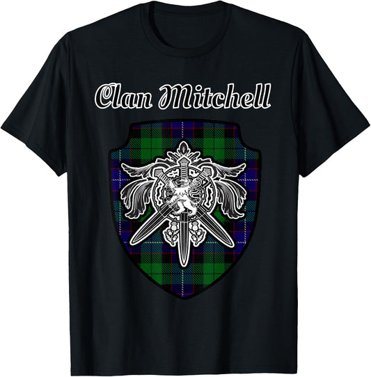 Mitchell Scottish Clan Tartan Lion Sword Crest T-Shirt - T-Shirt | Black