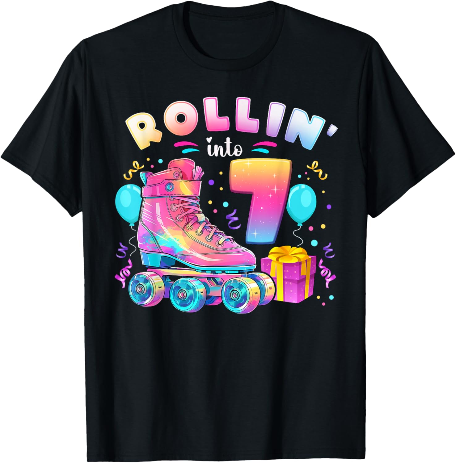 7th Birthday Girl 7 Years Roller Skates Number 7 T-Shirt - T-Shirt | Black