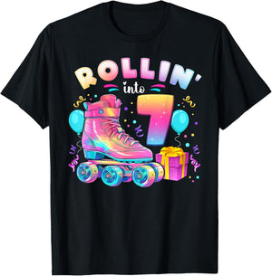 7th Birthday Girl 7 Years Roller Skates Number 7 T-Shirt - T-Shirt | Black