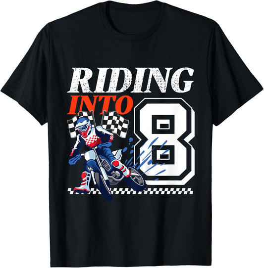 Kids Dirt Bike Riding into 8 Years Motocross 8th Birthday Party T-Shirt - T-Shirt | Black