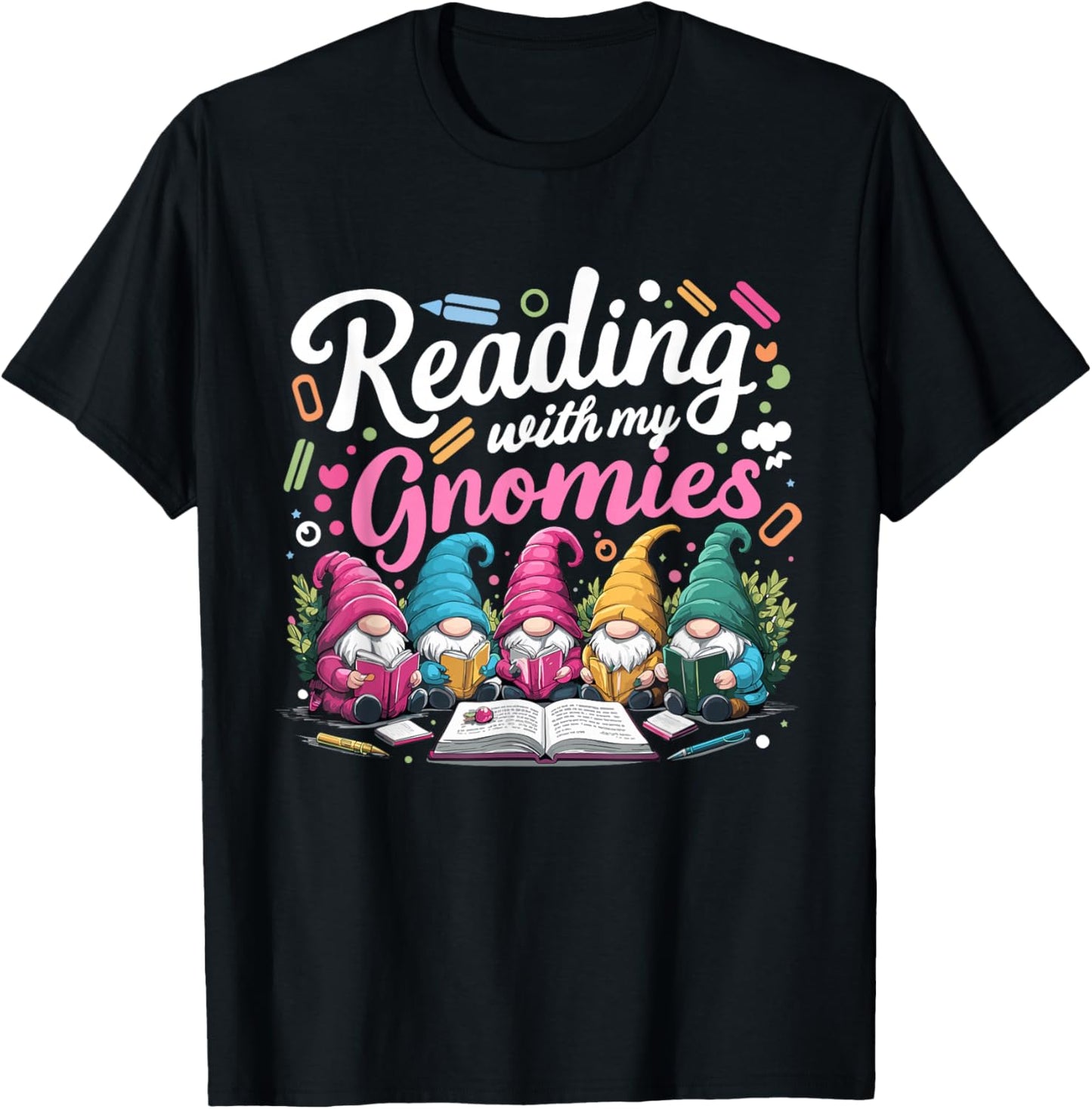 Cute Reading With My Gnomies,Funny Gnome Book Bookworm Lover T-Shirt - T-Shirt | Black