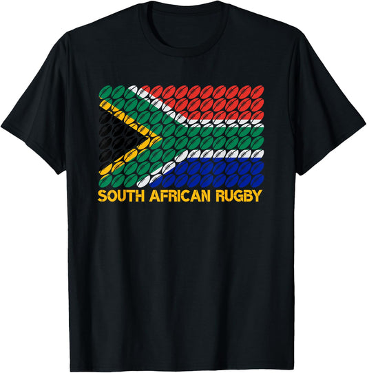 Rugby Ball Pattern South Africa Flag T-Shirt - T-Shirt | Black