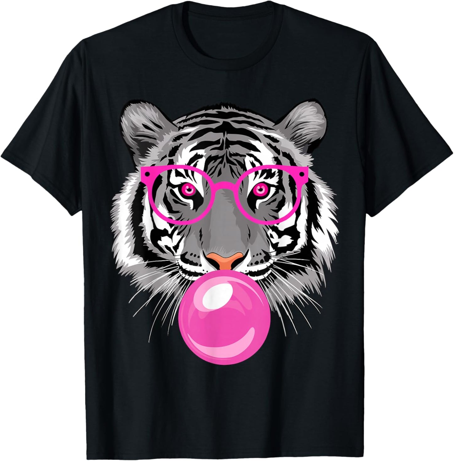 Tiger with Glasses and Bubble Gum T-Shirt - T-Shirt | Black