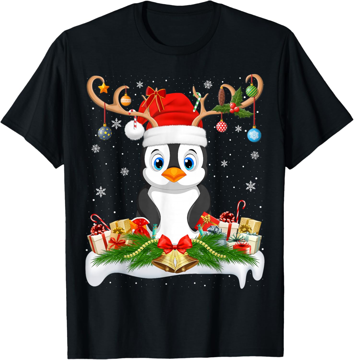Xmas Lighting Reindeer Santa Penguin Christmas T-Shirt - T-Shirt | Black
