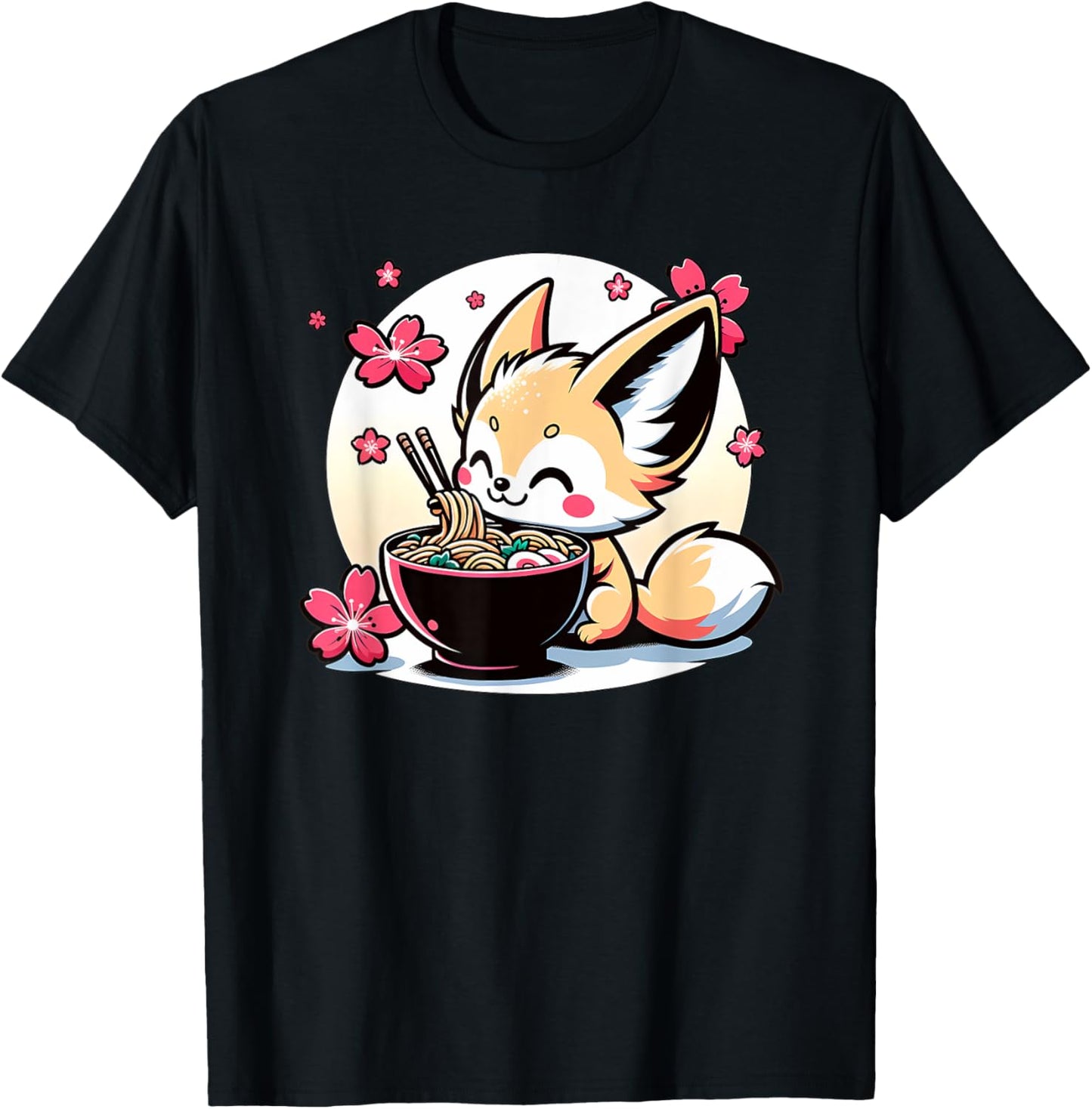 Kawaii Fennec Fox Eating Ramen T-Shirt - T-Shirt | Black