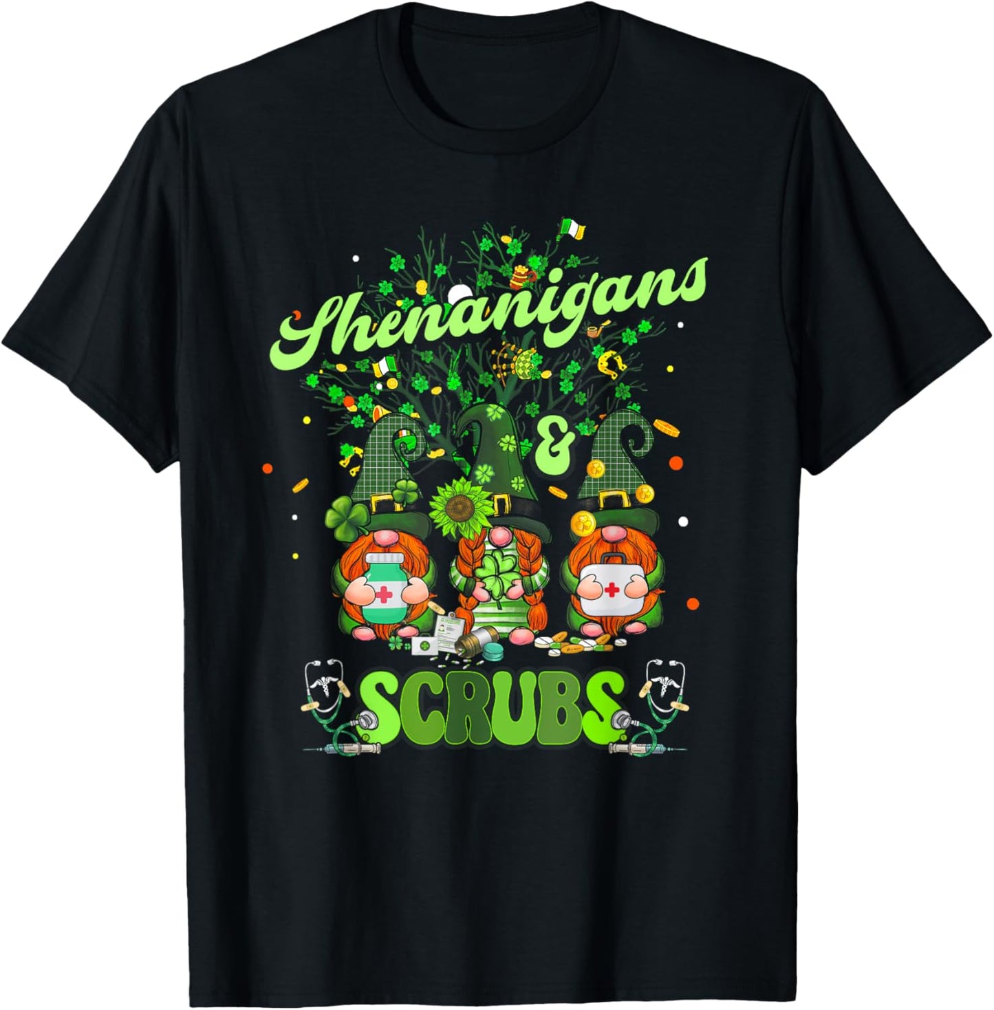 Nurse St Patrick Day Shenanigans and Scrubs Scrub Top T-Shirt - T-Shirt | Black