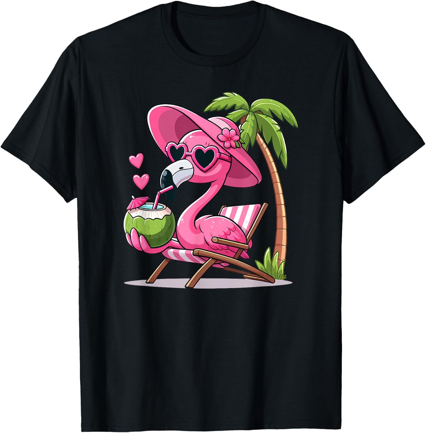 Pink Flamingo Summer Vibes Beach Palm Tree Summer Vacation T-Shirt - T-Shirt | Black