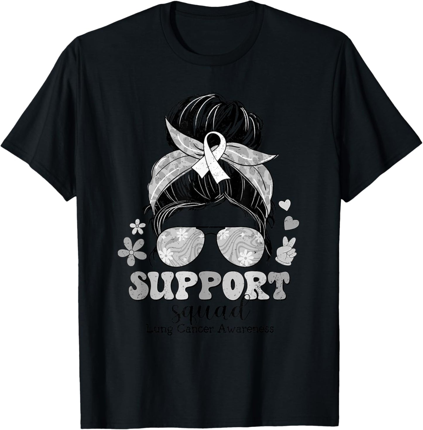 Groovy Support Squad Messy Bun Lung Cancer Awareness T-Shirt - T-Shirt | Black